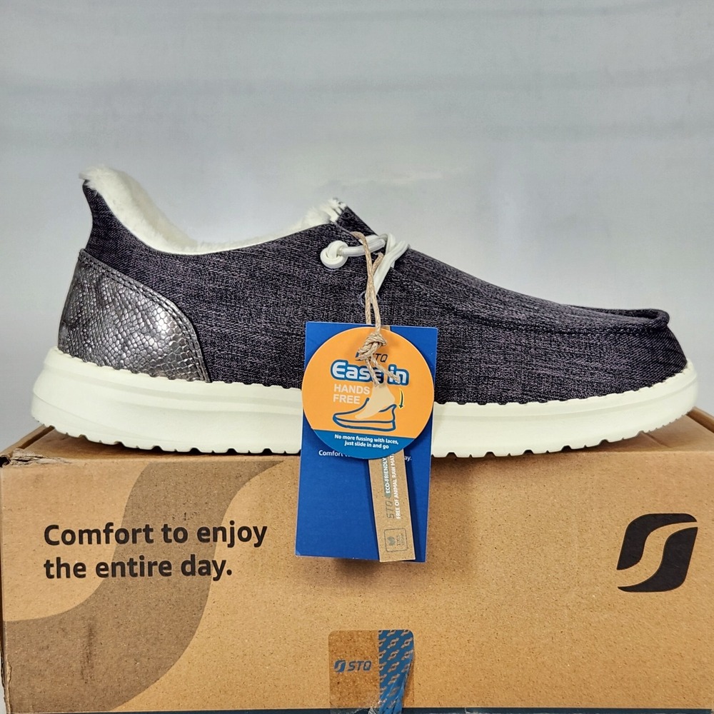 STQ Slip On Shoes Women Size 8 Charcoal Grey Easy-in Arch Support Faux Fur